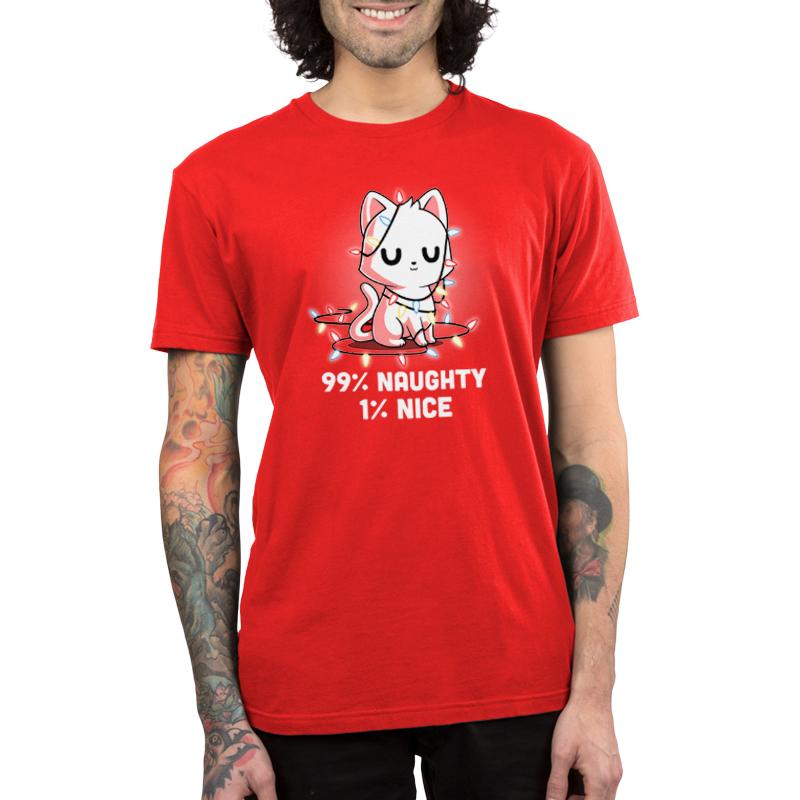 Premium Cotton T-shirt_TeeTurtle Naughty List red t-shirt featuring a white cat who looks pleased with itself and is wrapped in Christmas lights.