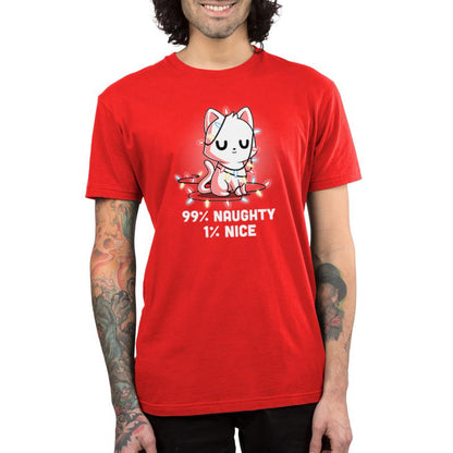 Premium Cotton T-shirt_TeeTurtle Naughty List red t-shirt featuring a white cat who looks pleased with itself and is wrapped in Christmas lights.