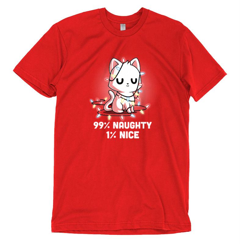 Premium Cotton T-shirt_TeeTurtle Naughty List red t-shirt featuring a white cat who looks pleased with itself and is wrapped in Christmas lights.