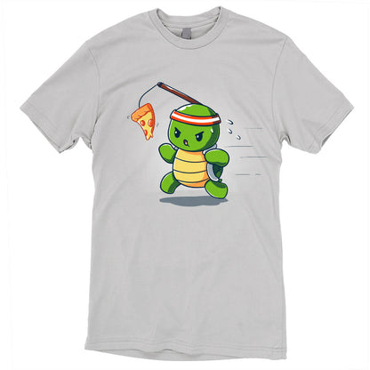 Premium Cotton T-shirt_TeeTurtle Ninja Training silver gray t-shirt featuring a turtle chasing after a pizza slice dangling from a stick strapped to their head.