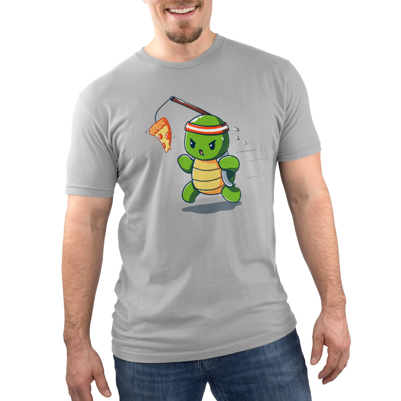 Premium Cotton T-shirt_TeeTurtle Ninja Training silver gray t-shirt featuring a turtle chasing after a pizza slice dangling from a stick strapped to their head.