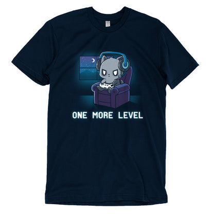 Premium Cotton T-shirt_Teeturtle One More Level navy blue t-shirt featuring a cat wearing headphones, holding a game controller, and sitting in a chair with a nighttime window view. Text below reads "One More Level."