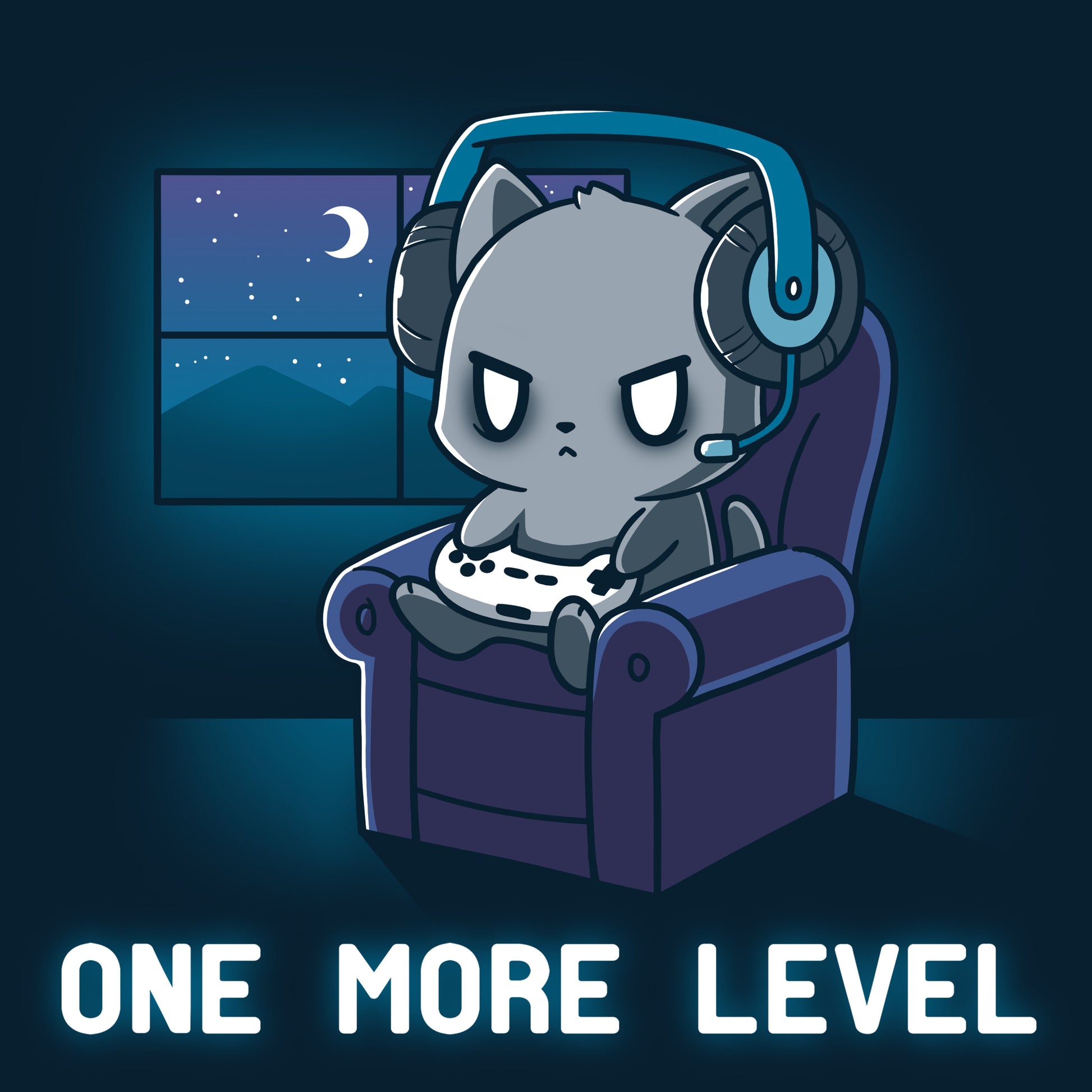 Premium Cotton T-shirt_Teeturtle One More Level navy blue t-shirt featuring a cat wearing headphones, holding a game controller, and sitting in a chair with a nighttime window view. Text below reads "One More Level."