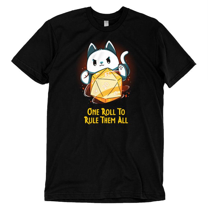 Premium Cotton T-shirt_TeeTurtle One One Roll To Rule Them All Black t-shirt featuring a white cat rolling an oversized tabletop game 20 sided dice, with 20 facing forward, and the text in fantasy script "One roll to rule them all" below. 