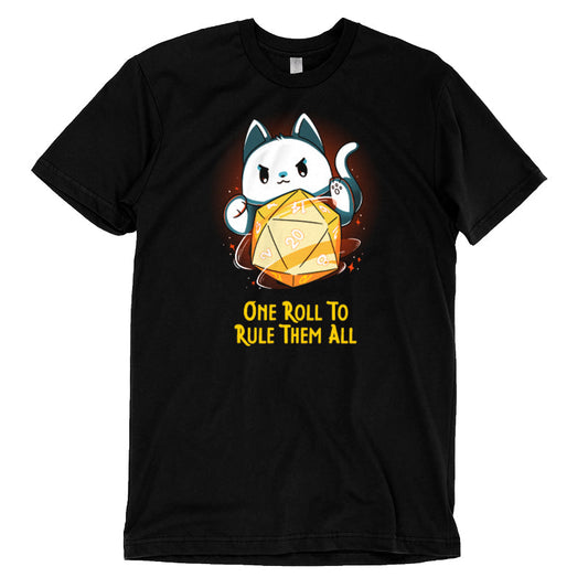 Premium Cotton T-shirt_TeeTurtle One One Roll To Rule Them All Black t-shirt featuring a white cat rolling an oversized tabletop game 20 sided dice, with 20 facing forward, and the text in fantasy script 