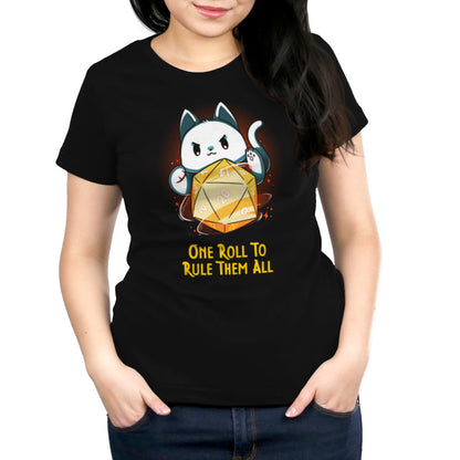 Premium Cotton T-shirt_TeeTurtle One One Roll To Rule Them All Black t-shirt featuring a white cat rolling an oversized tabletop game 20 sided dice, with 20 facing forward, and the text in fantasy script "One roll to rule them all" below. 