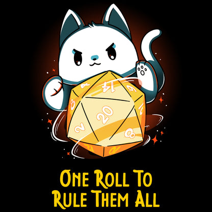 Premium Cotton T-shirt_TeeTurtle One One Roll To Rule Them All Black t-shirt featuring a white cat rolling an oversized tabletop game 20 sided dice, with 20 facing forward, and the text in fantasy script "One roll to rule them all" below. 