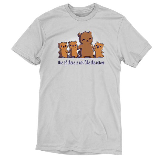 Premium Cotton T-shirt_TeeTurtle One of These is Not Like the Otters silver gray t-shirt featuring three small brown otters and one larger brown bear smiling and standing side by side holding hands with two otters, with the caption 