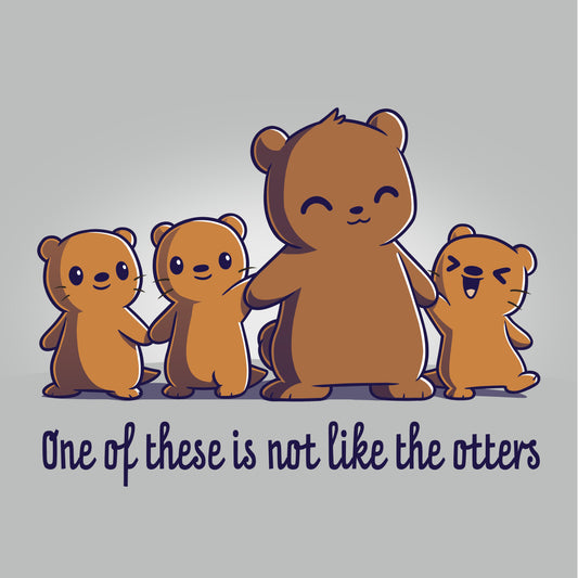 Premium Cotton T-shirt_TeeTurtle One of These is Not Like the Otters silver gray t-shirt featuring three small brown otters and one larger brown bear smiling and standing side by side holding hands with two otters, with the caption 