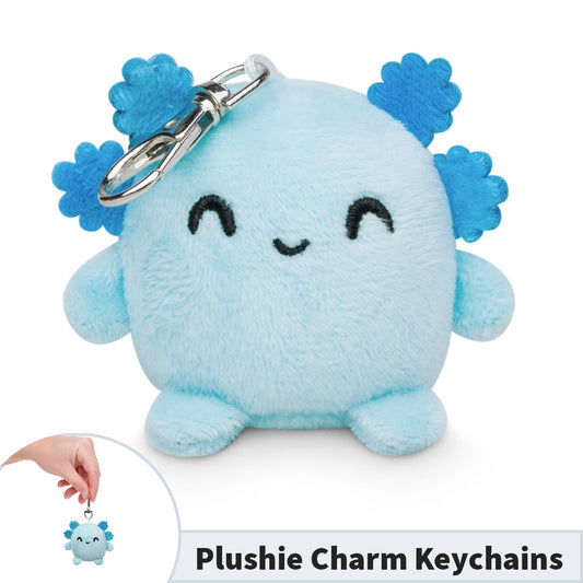 A portable Axolotl Plushie Charm Keychain with blue flowers by TeeTurtle.