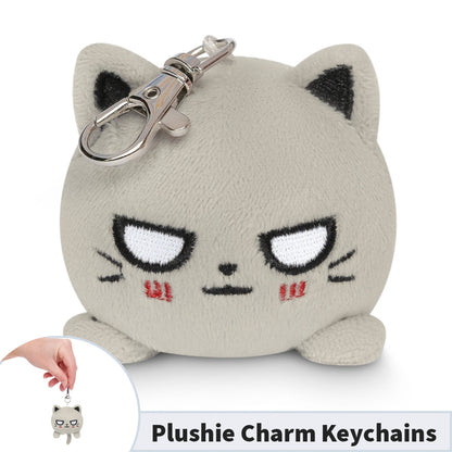 A portable Cat Plushie Charm Keychain with the words 'pushy charm' by TeeTurtle.