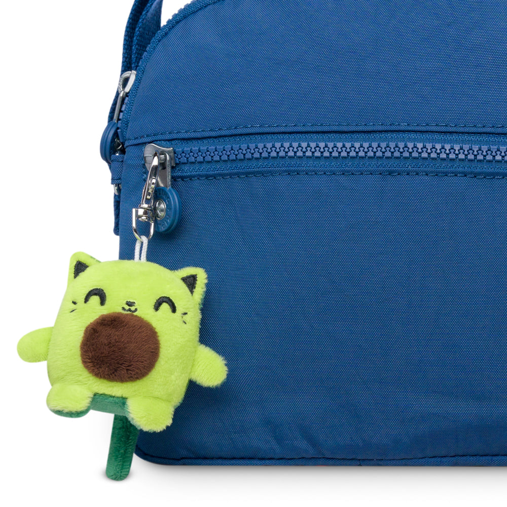 A blue bag with a Cat Plushie Charm Keychain hanging from it, resembling a keychain by TeeTurtle.