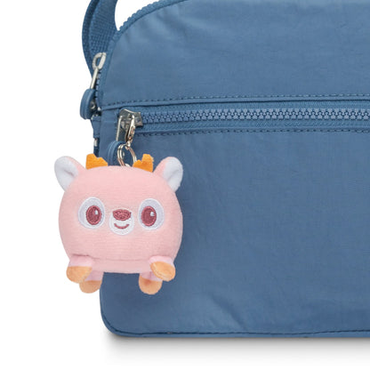 A portable Deer Plushie Charm Keychain featuring a blue bag with a small deer plushie attached, made by TeeTurtle.