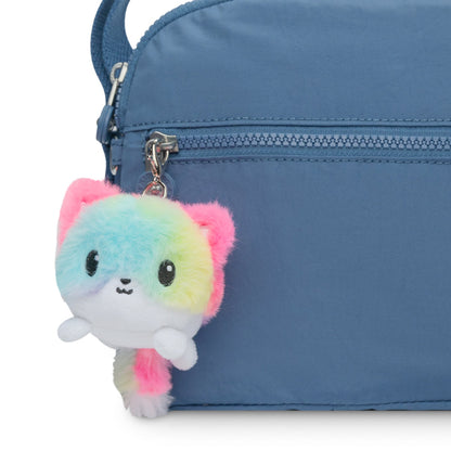 A portable blue purse with a cute TeeTurtle Fox Plushie Charm that can clip onto bags.