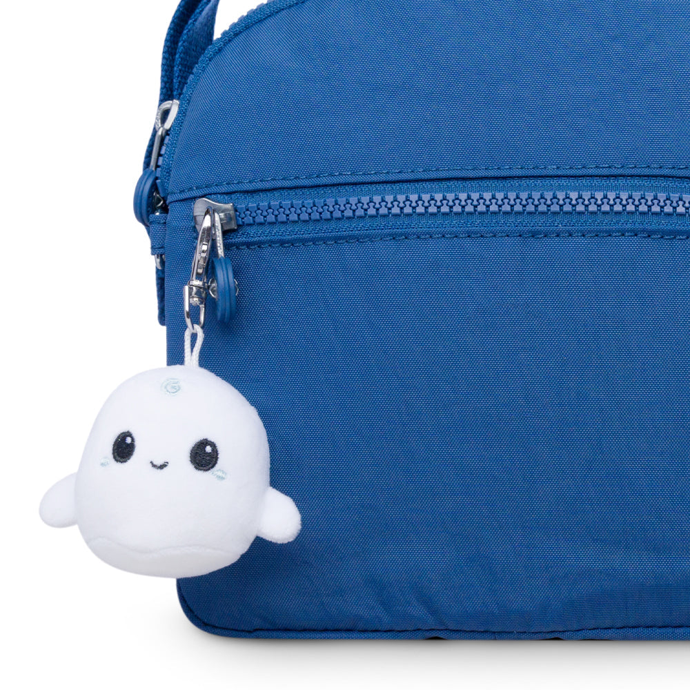 A portable blue bag with a Ghost Plushie Charm Keychain by TeeTurtle.