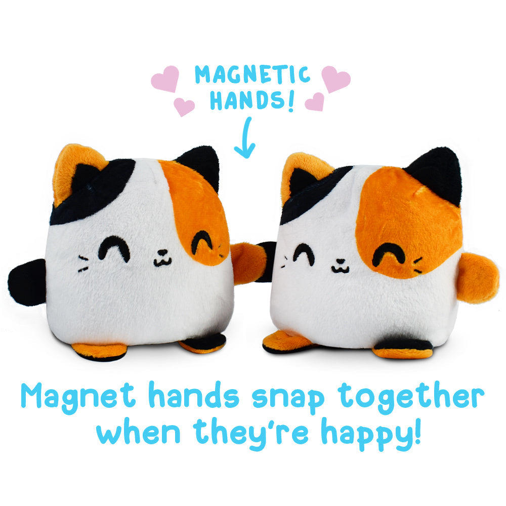 Two TeeTurtle Reversible Cat Plushmate plush toys with magnetic hands that snap together when they're happy.