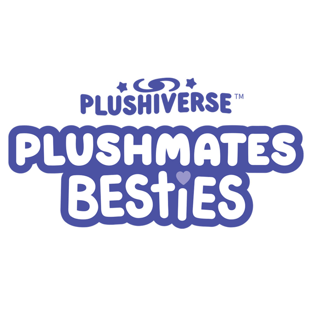 Logo of Plushiverse Happy Hippocampus Plushmates Besties from the Myths & Cryptids collection featuring the text "plushmates besties" in bold blue letters with a heart and star accents by TeeTurtle.