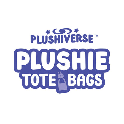 Logo for the TeeTurtle Plushiverse Unicorn Pride Plushie Tote Bag featuring text in bold, playful purple letters with small stars and a simple tote bag illustration, made from recycled plastic bottles.