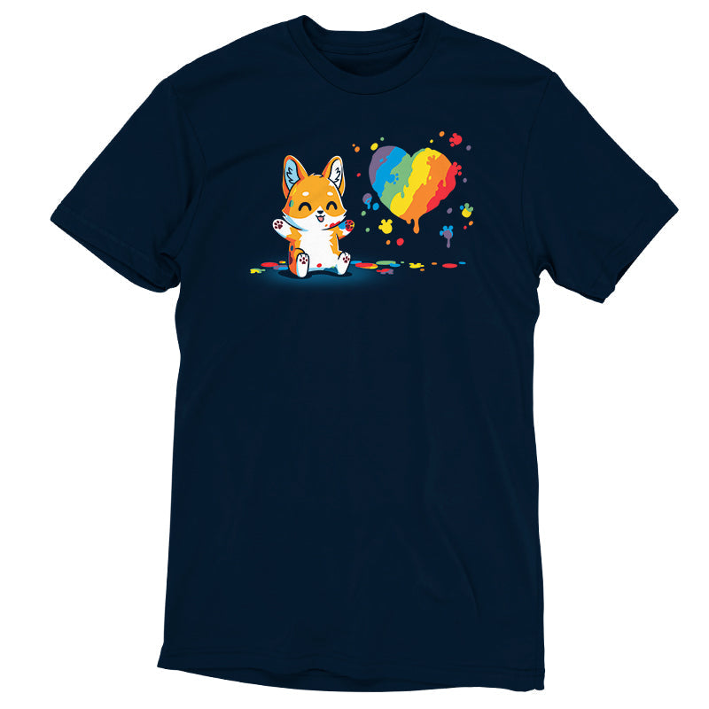 Premium Cotton T-shirt_TeeTurtle Paw Painting (Corgi) navy blue t-shirt featuring a kawaii corgi with a rainbow paint splash in a heart shape.