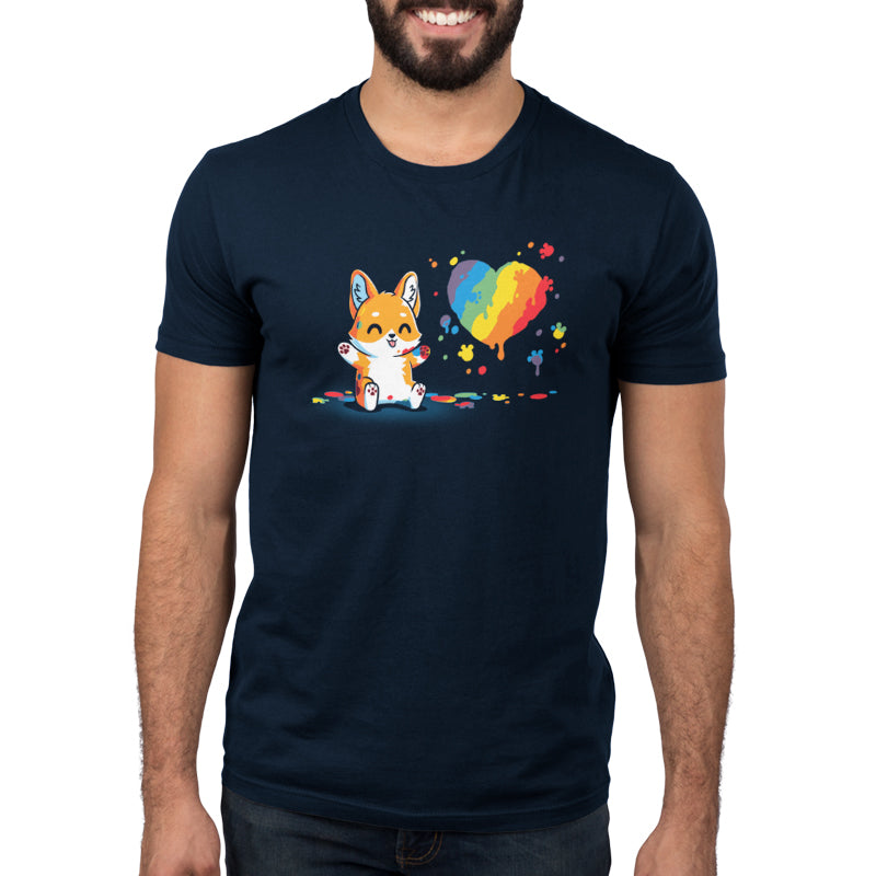 Premium Cotton T-shirt_TeeTurtle Paw Painting (Corgi) navy blue t-shirt featuring a kawaii corgi with a rainbow paint splash in a heart shape.