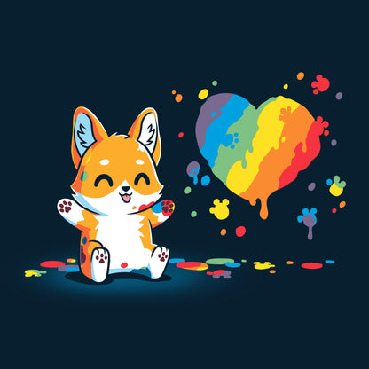 Premium Cotton T-shirt_TeeTurtle Paw Painting (Corgi) navy blue t-shirt featuring a kawaii corgi with a rainbow paint splash in a heart shape.