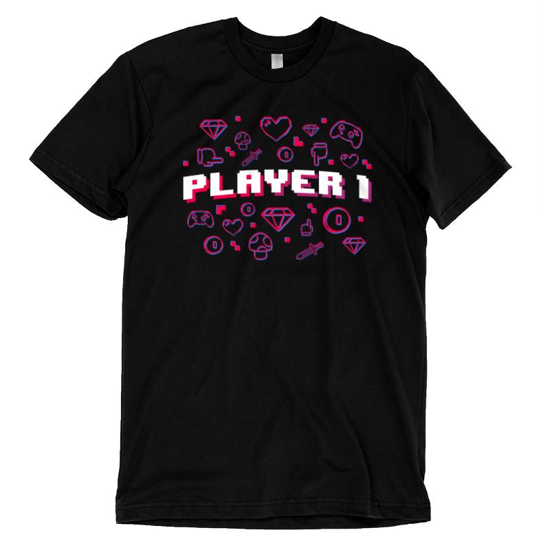 Premium Cotton T-shirt_Teeturtle Player 1 black t-shirt featuring "Player 1" text in block font surrounded by various gaming icons such as controllers, diamonds, hearts, mushrooms, coins, and swords.