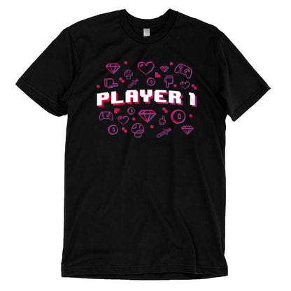 Premium Cotton T-shirt_Teeturtle Player 1 black t-shirt featuring "Player 1" text in block font surrounded by various gaming icons such as controllers, diamonds, hearts, mushrooms, coins, and swords.