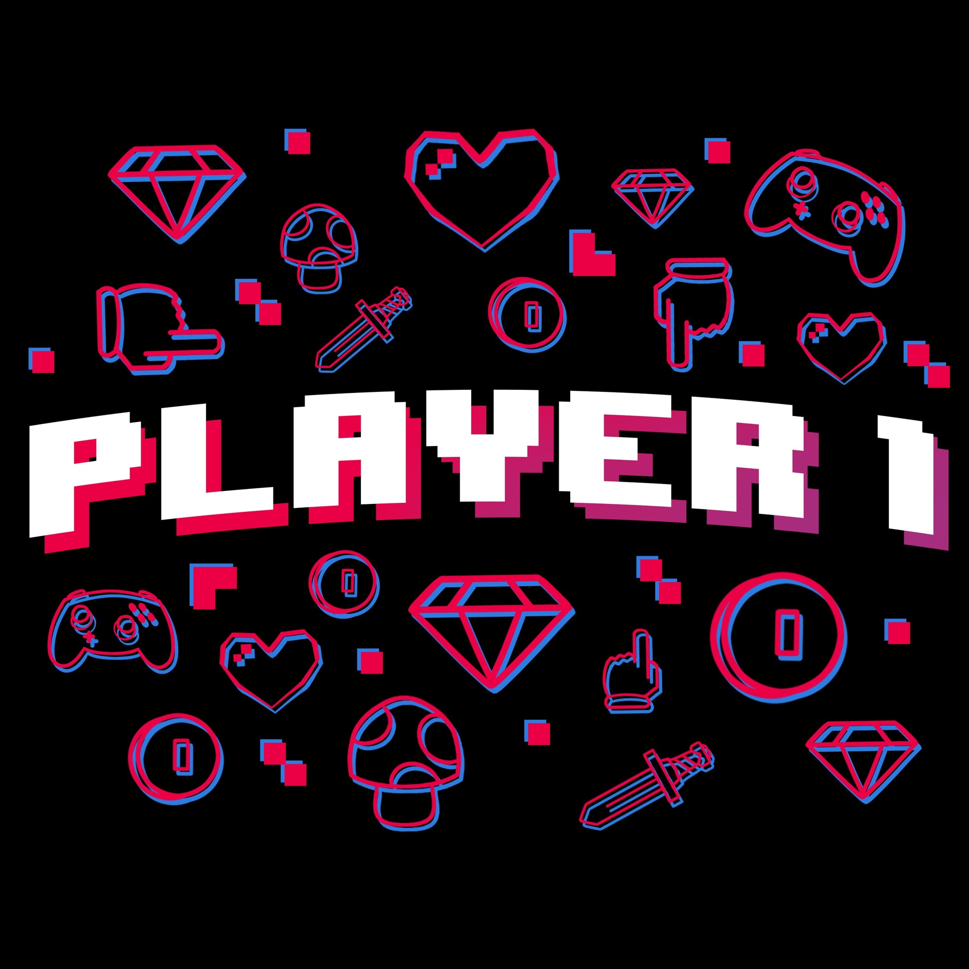 Premium Cotton T-shirt_Teeturtle Player 1 black t-shirt featuring "Player 1" text in block font surrounded by various gaming icons such as controllers, diamonds, hearts, mushrooms, coins, and swords.