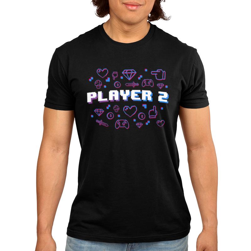 Premium Cotton T-shirt_TeeTurtle black Player 2. Featuring the text, "Player 2" surrounded by pixel art video game elements.