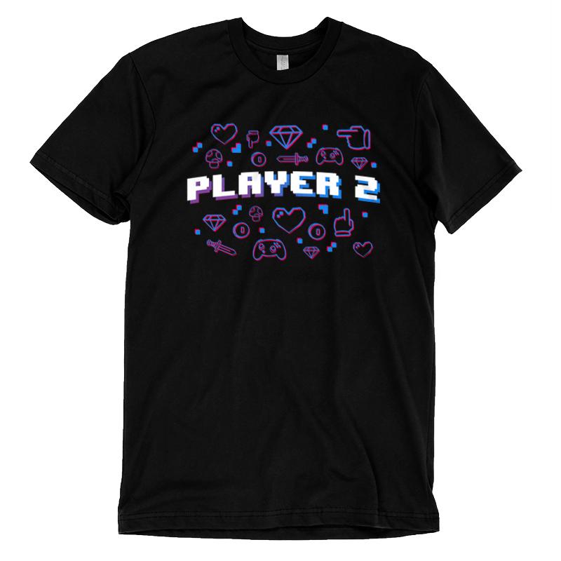 Premium Cotton T-shirt_TeeTurtle black Player 2. Featuring the text, "Player 2" surrounded by pixel art video game elements.