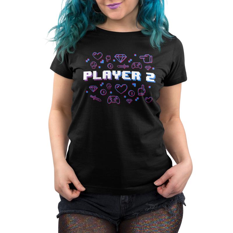 Premium Cotton T-shirt_TeeTurtle black Player 2. Featuring the text, "Player 2" surrounded by pixel art video game elements.