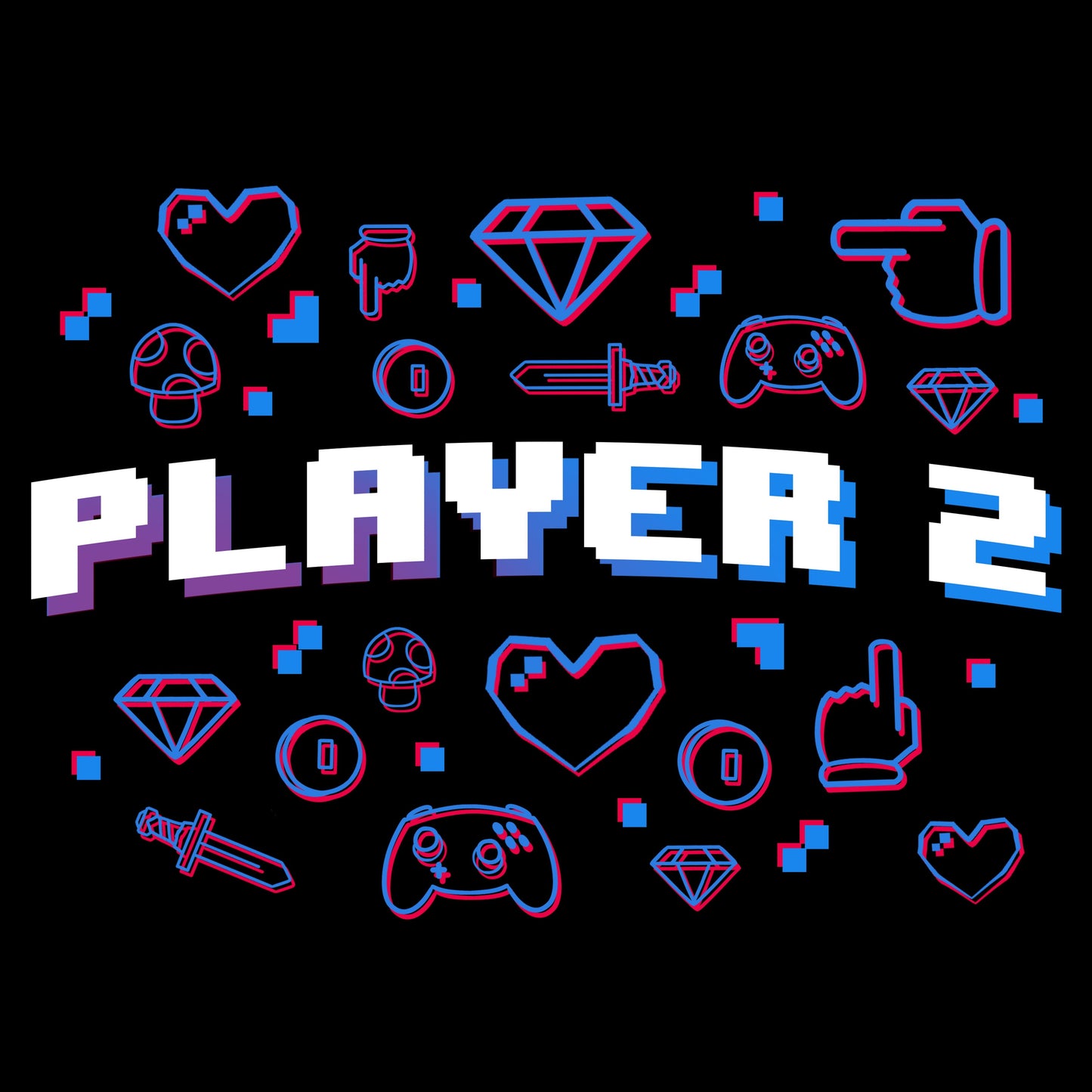 Premium Cotton T-shirt_TeeTurtle black Player 2. Featuring the text, "Player 2" surrounded by pixel art video game elements.