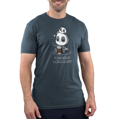 Premium Cotton T-shirt_Teeturtle Powered by Coffee & Love denim t-shirt featuring a sleepy panda holding a coffee cup with a smaller panda on its head. Text below reads, "Powered by Coffee & Love." 