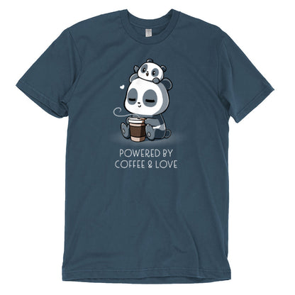 Premium Cotton T-shirt_Teeturtle Powered by Coffee & Love denim t-shirt featuring a sleepy panda holding a coffee cup with a smaller panda on its head. Text below reads, "Powered by Coffee & Love." 