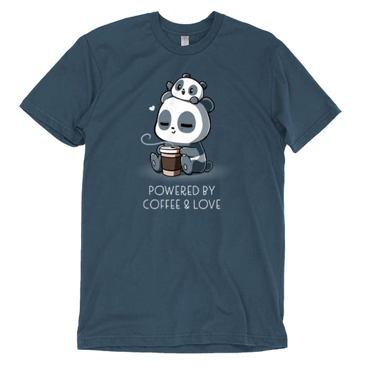 Premium Cotton T-shirt_Teeturtle Powered by Coffee & Love denim t-shirt featuring a sleepy panda holding a coffee cup with a smaller panda on its head. Text below reads, 