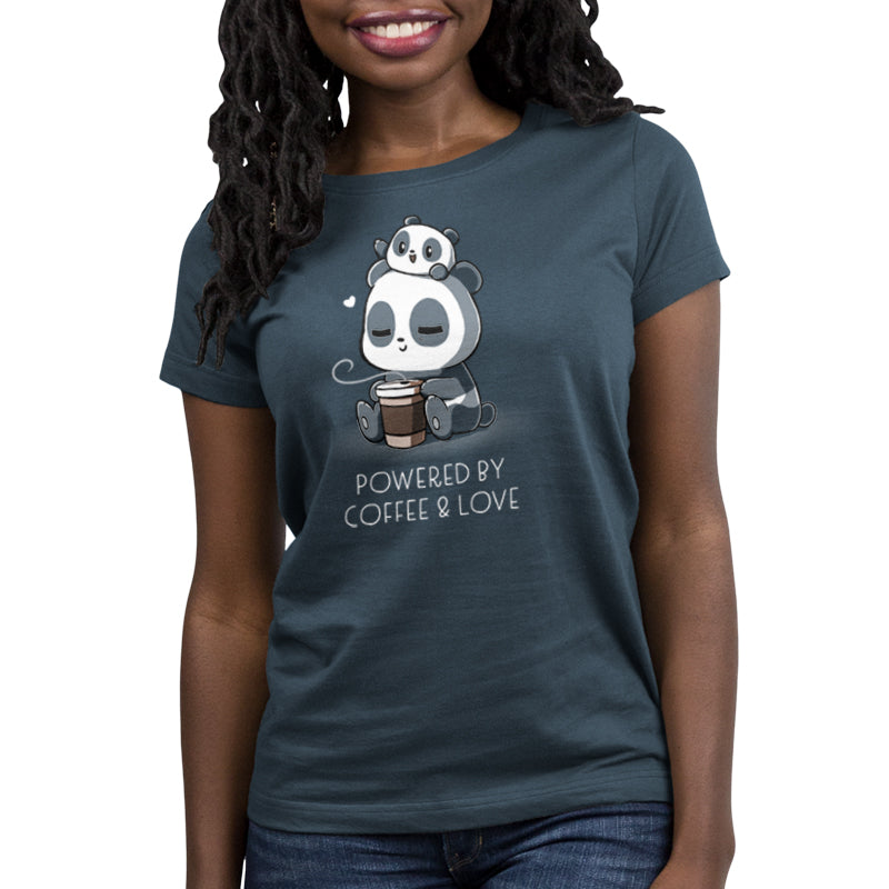 Premium Cotton T-shirt_Teeturtle Powered by Coffee & Love denim t-shirt featuring a sleepy panda holding a coffee cup with a smaller panda on its head. Text below reads, "Powered by Coffee & Love." 