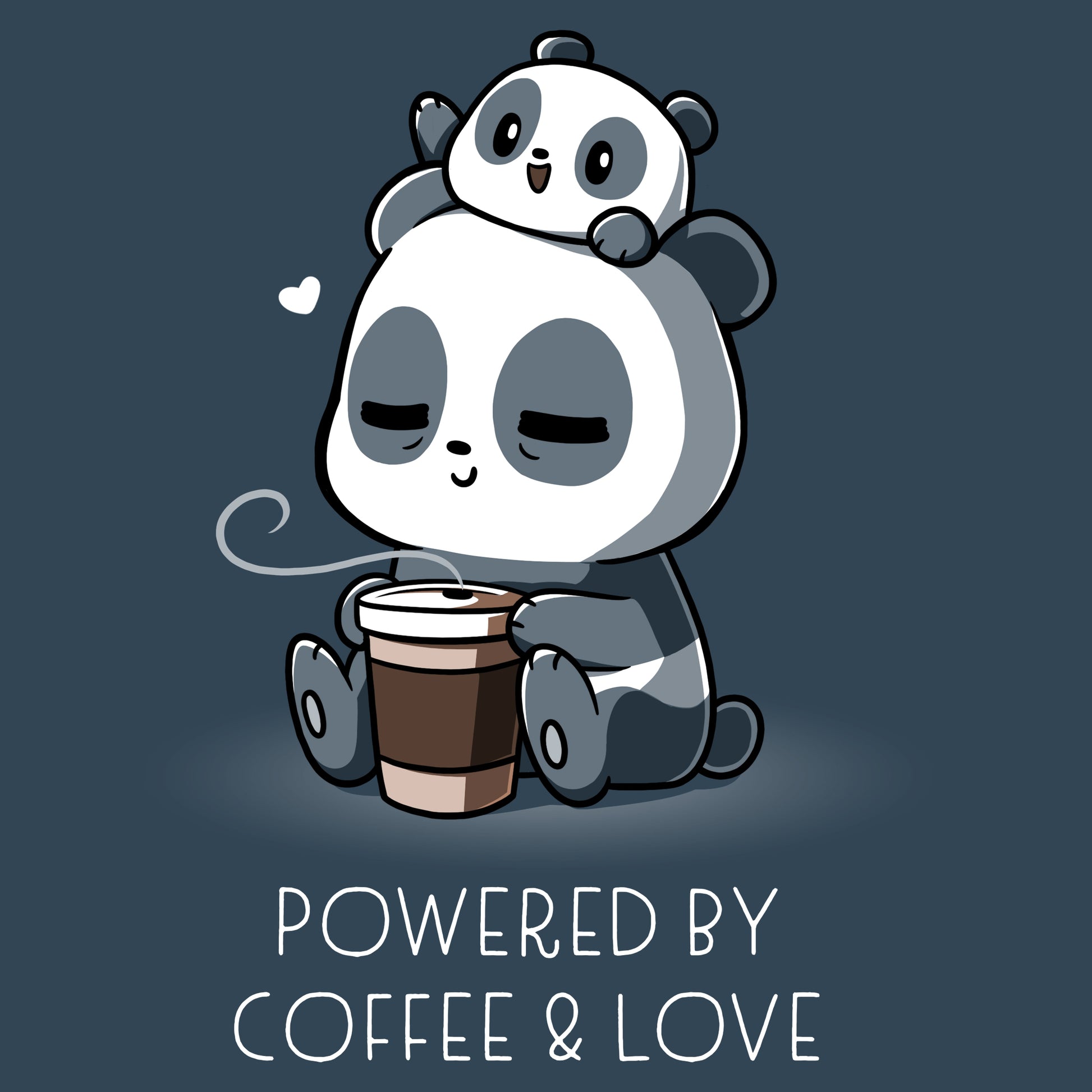 Premium Cotton T-shirt_Teeturtle Powered by Coffee & Love denim t-shirt featuring a sleepy panda holding a coffee cup with a smaller panda on its head. Text below reads, "Powered by Coffee & Love." 