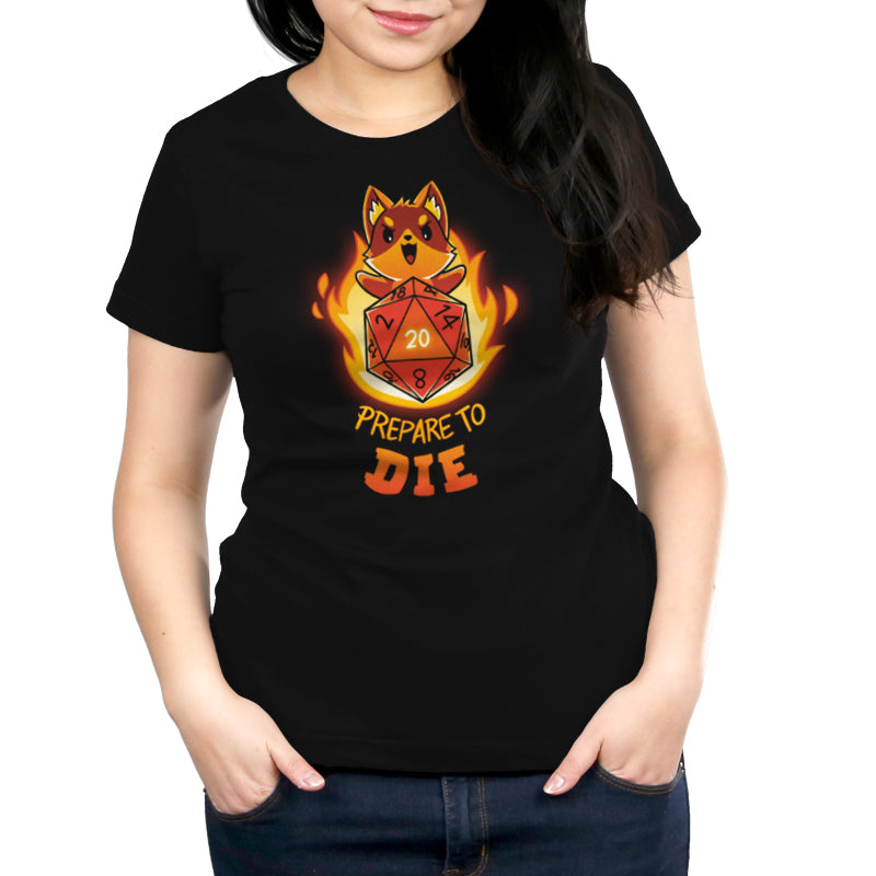 Premium Cotton T-shirt_TeeTurtle Prepare to Die (D20) black t-shirt featuring an extreme tabletop gaming fox behind a D20 dice rolled to a 20 with flames behind them.