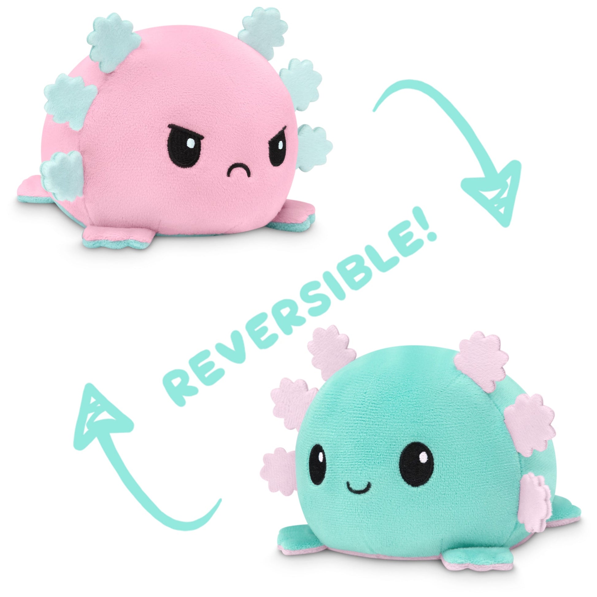 A pink and blue Reversible Axolotl Plushie by TeeTurtle.