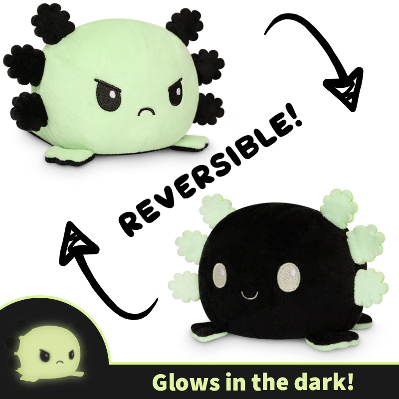 Reversible Axolotl TeeTurtle plushie glows in the dark.