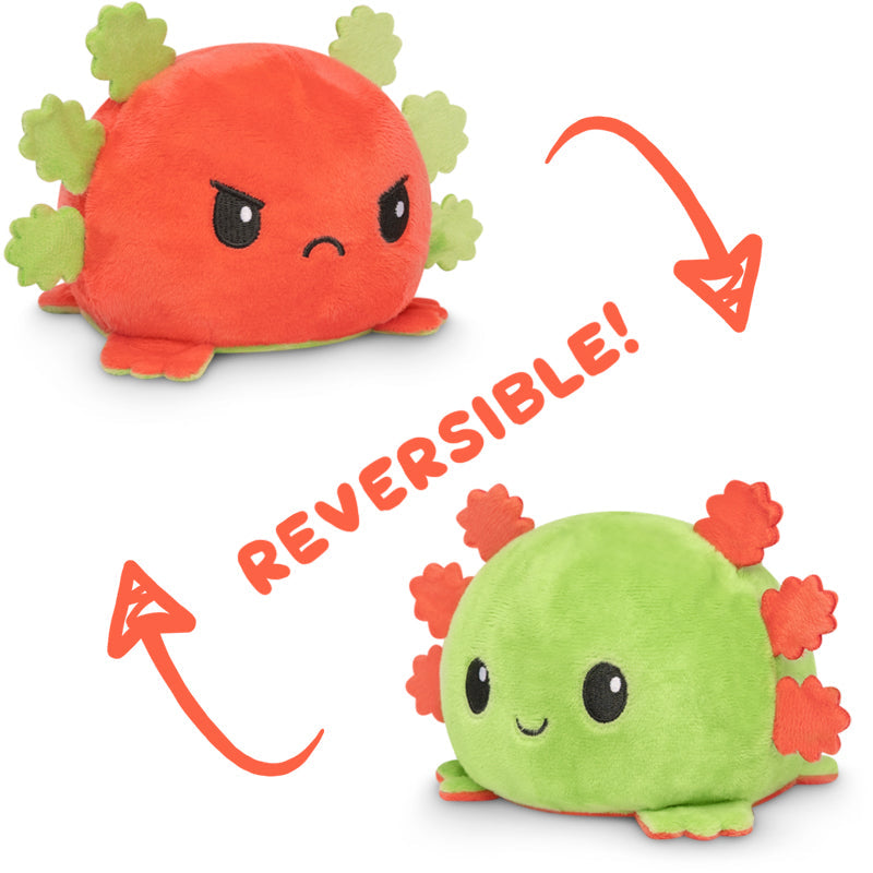 Two Reversible Axolotl Plushies with the words "TeeTurtle" on them.