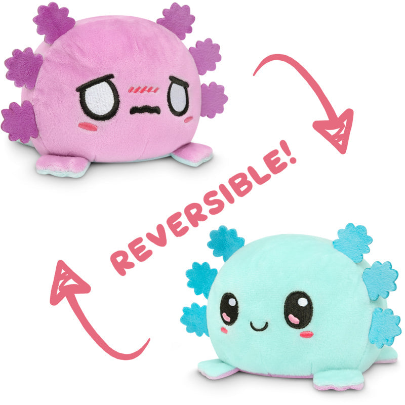 Two Reversible Axolotl Plushies with the words TeeTurtle and reversible.