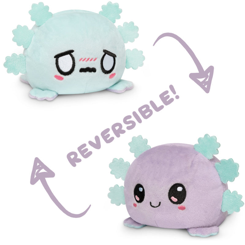 Two TeeTurtle reversible axolotl plushies perfect for expressing emotions.