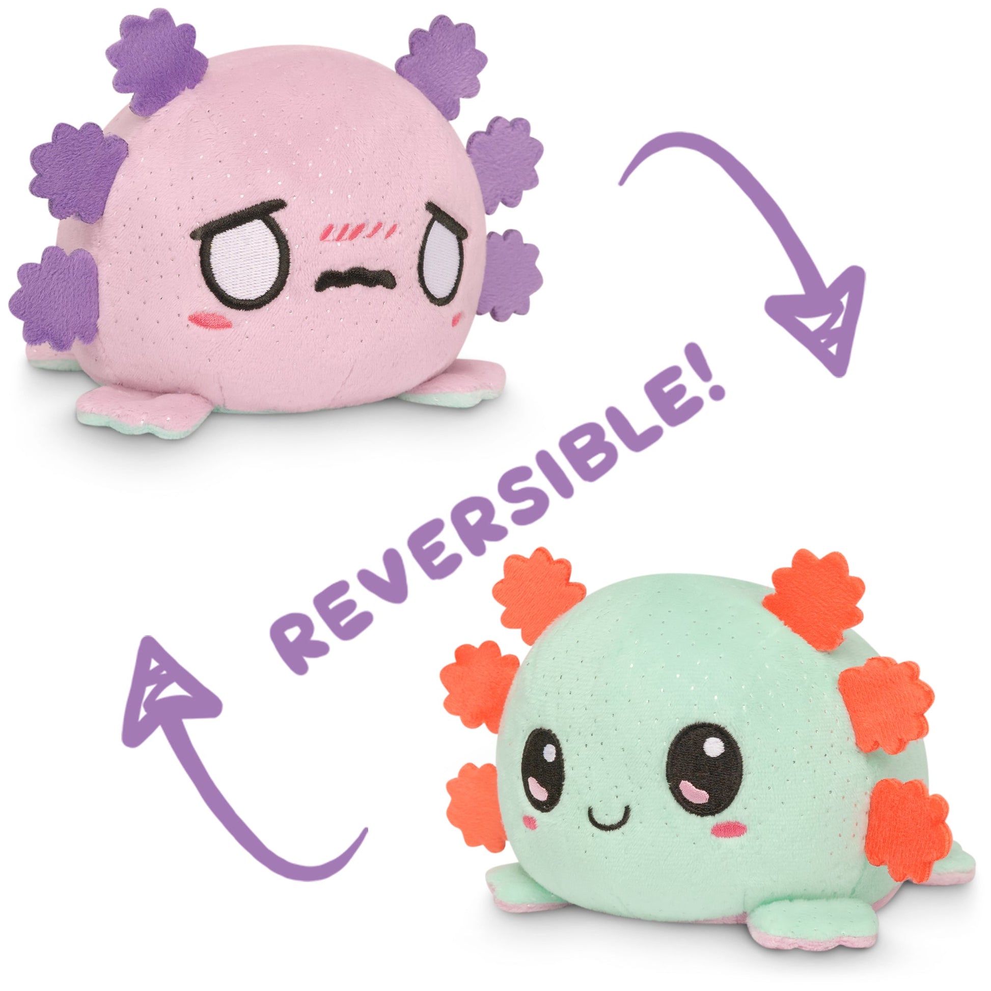 Two TeeTurtle Reversible Axolotl Plushies.