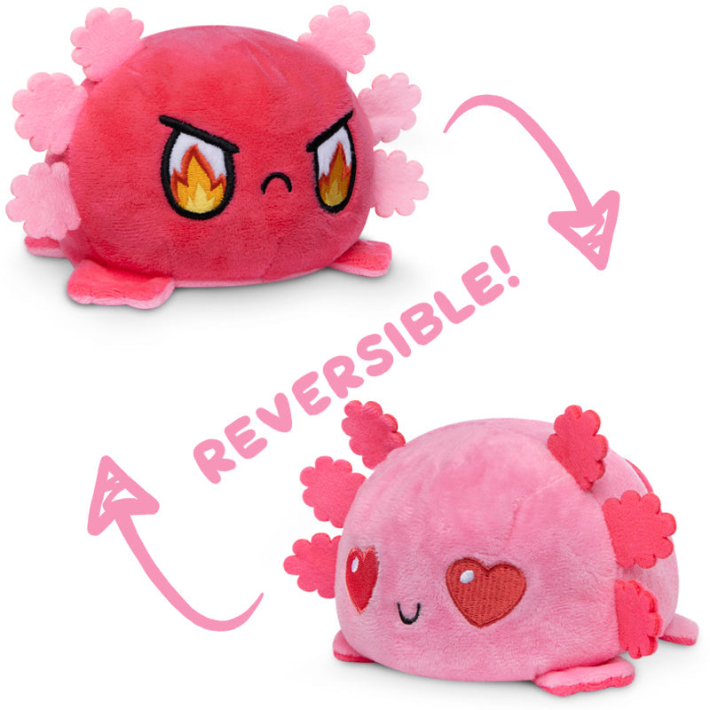 Two TeeTurtle Reversible Axolotl Plushies that can express emotions.