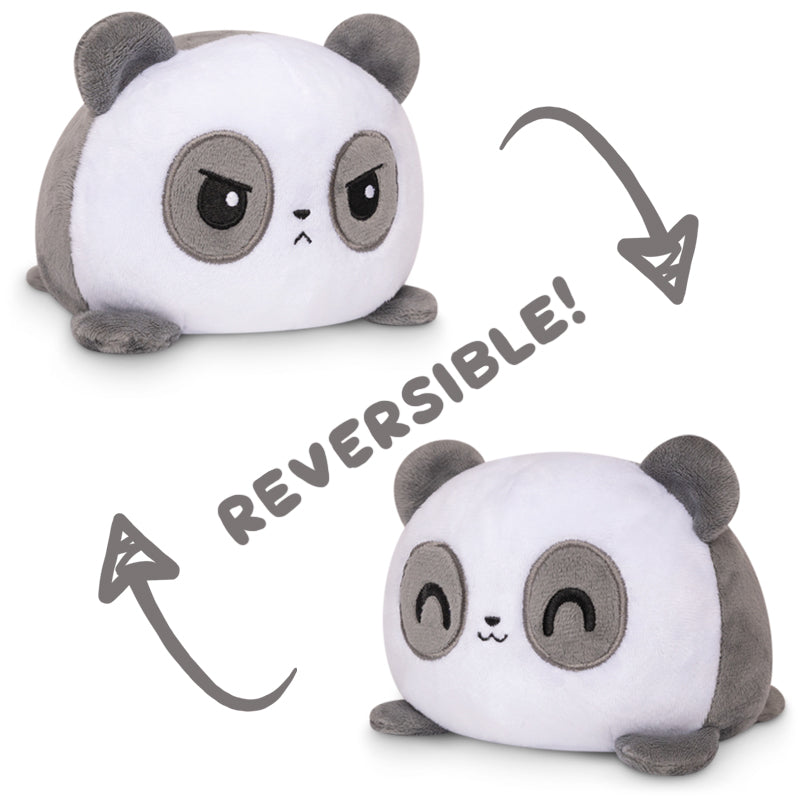 Two Reversible Panda Plushies featuring reversible panda designs that can express emotions, made by TeeTurtle.