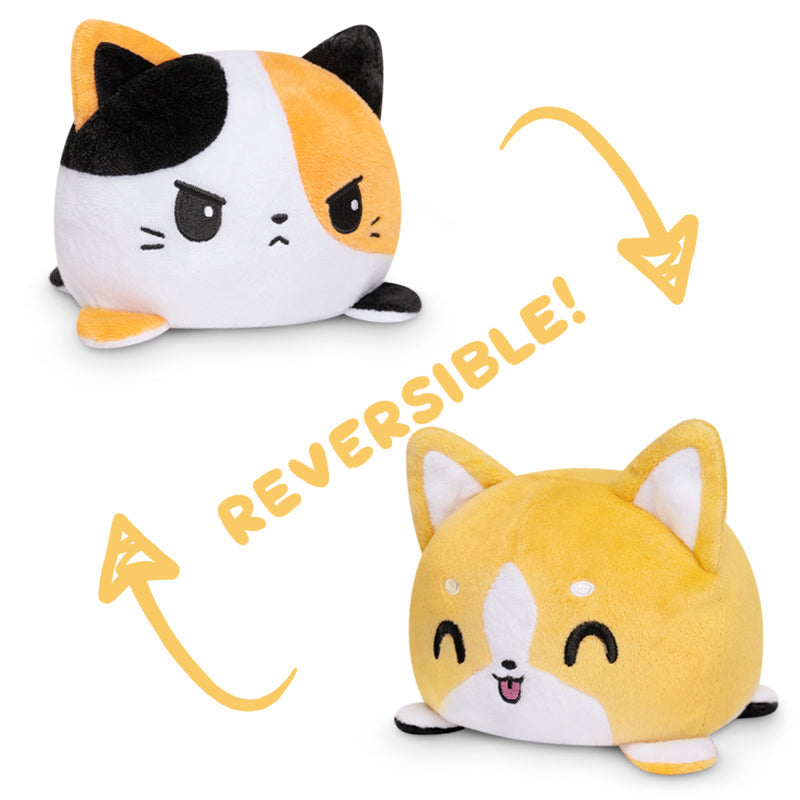 Two TeeTurtle Reversible Calico Cat & Corgi Plushies from TeeTurtle.