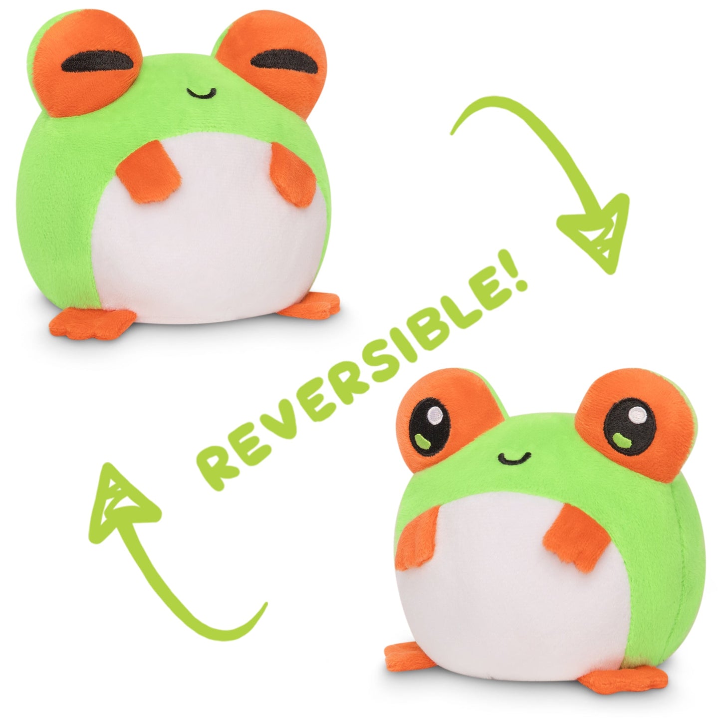 Two TeeTurtle Reversible Frog Plushies.