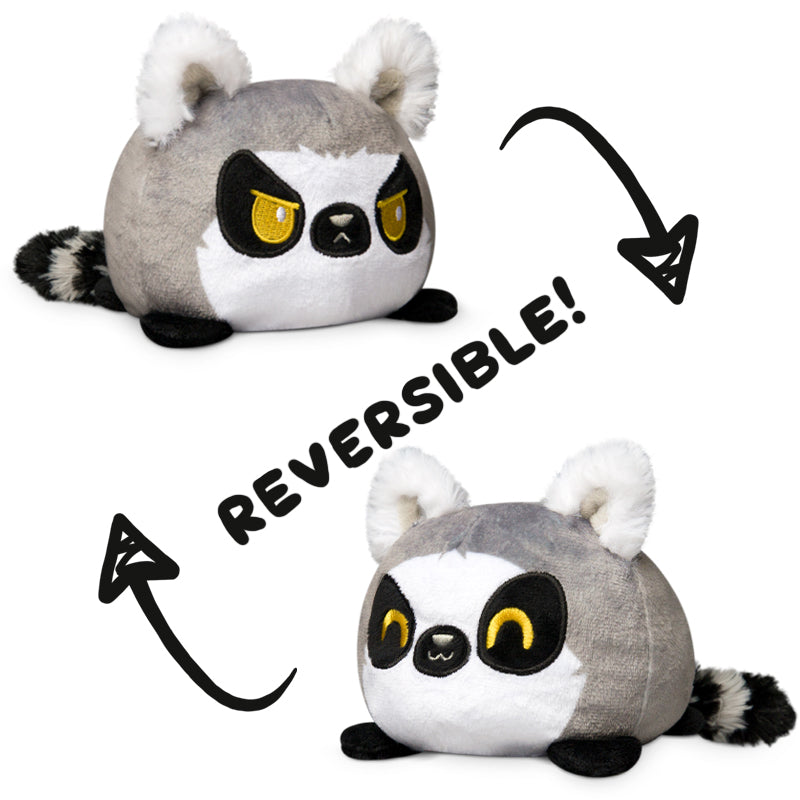 Two raccoons express emotions with the Reversible Lemur Plushie by TeeTurtle.