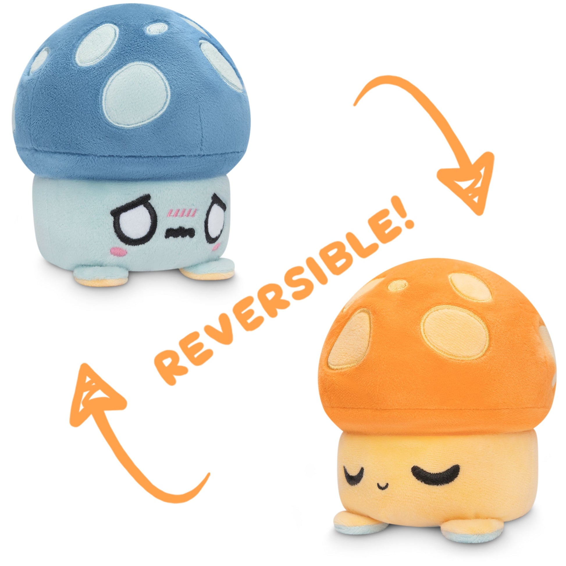 Two TeeTurtle Reversible Mushroom Plushies that express emotions.